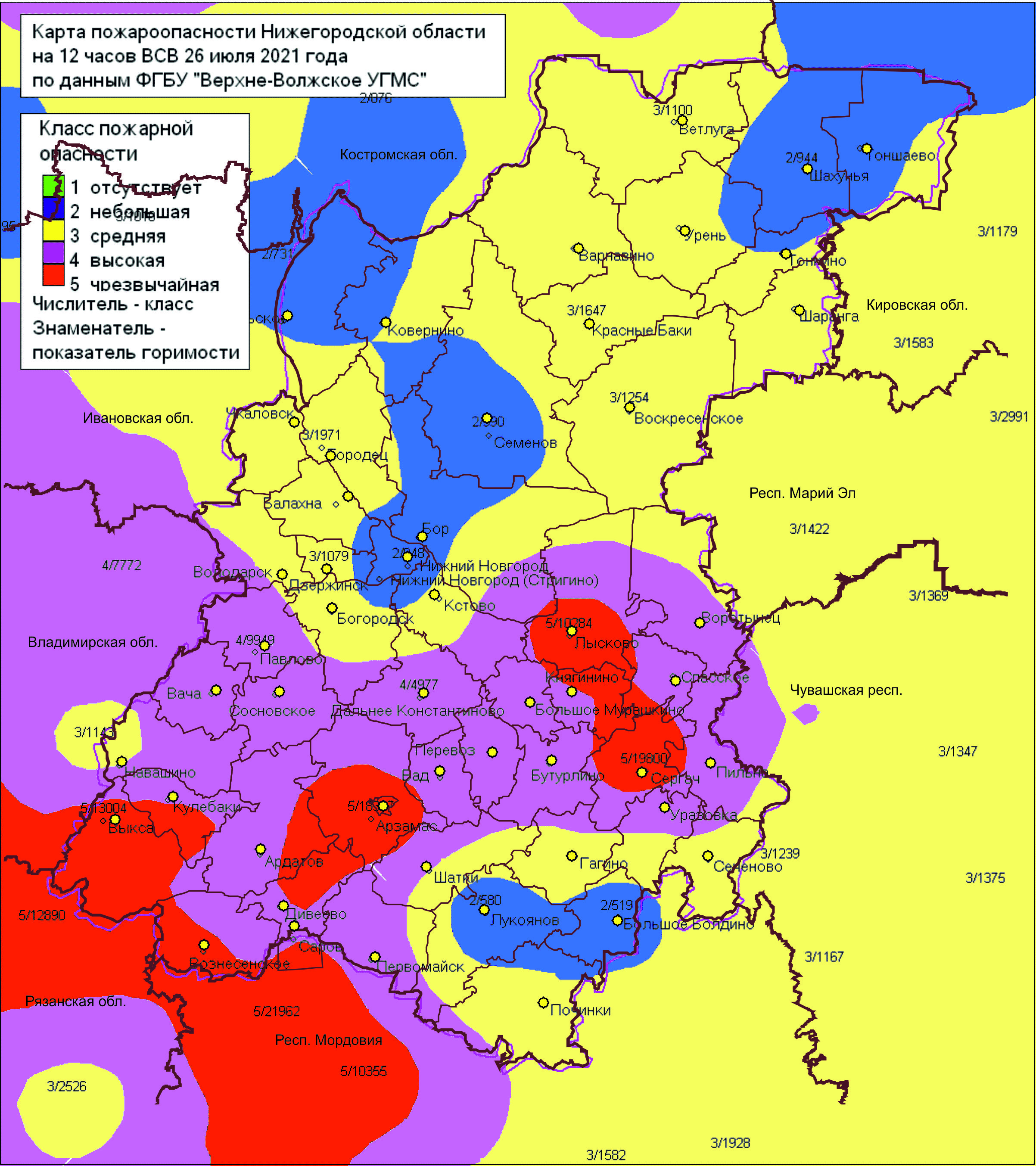 26.07.2021 на территории области установились 3, в отдельных районах 2, 4 и 5 классы пожароопасности лесов и торфяников.